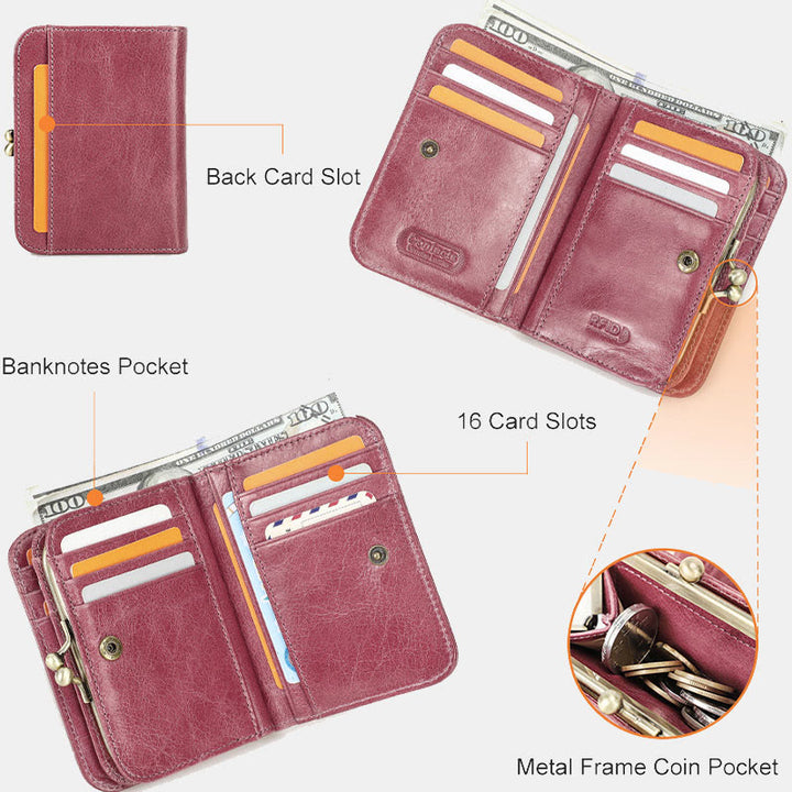 Dreifach faltbare Lederbrieftasche mit RFID-Schutz und Kiss-Lock-Münzfach