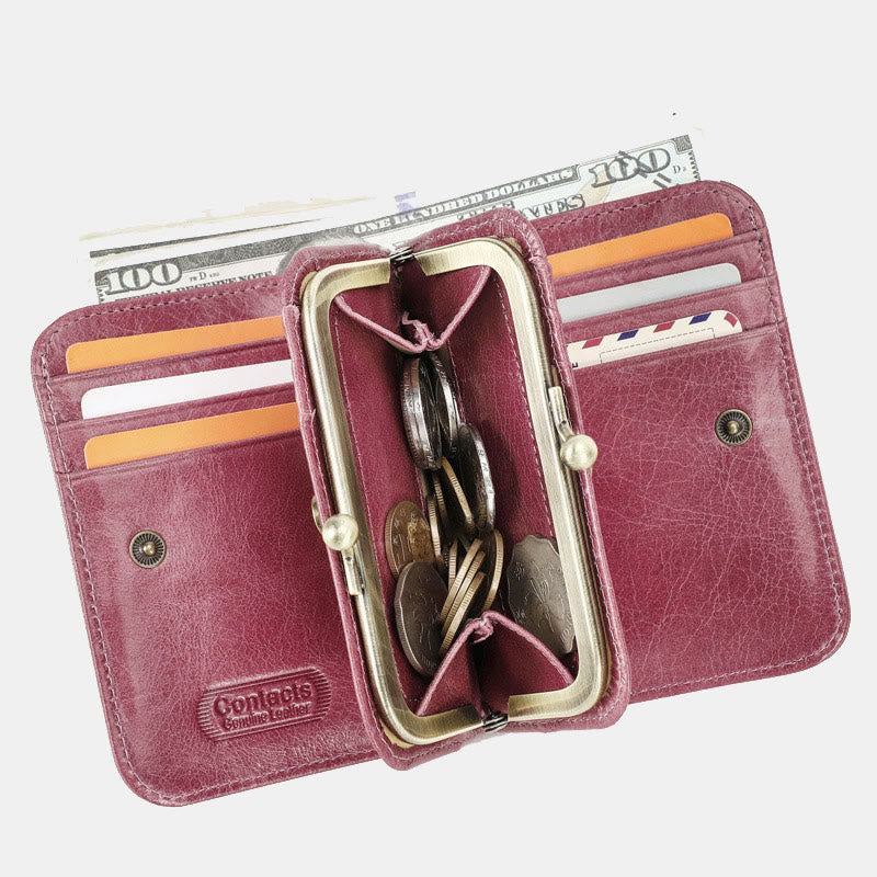 Dreifach faltbare Lederbrieftasche mit RFID-Schutz und Kiss-Lock-Münzfach
