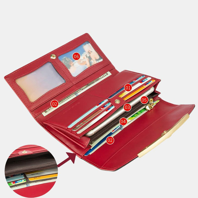 RFID-blockierende Schellack-Leder-Geldbörse mit langer Clutch für Damen