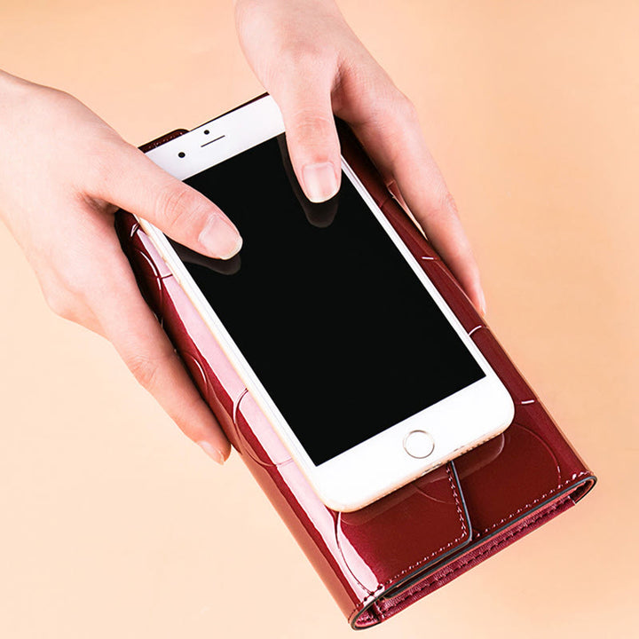 RFID-blockierende Schellack-Leder-Geldbörse mit langer Clutch für Damen