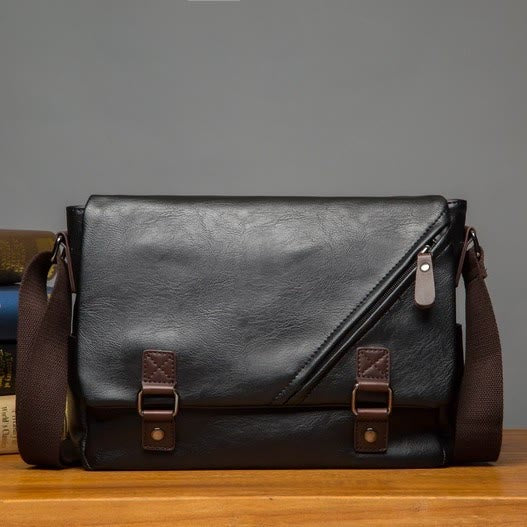 Messenger Bag für Herren, wasserdichte Schultertasche aus PU mit aufgesetzter Klappe