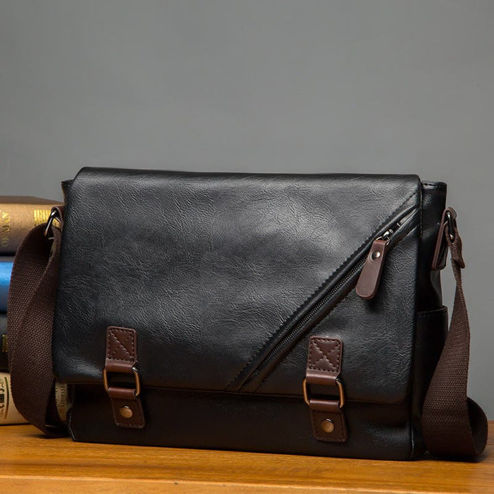 Messenger Bag für Herren, wasserdichte Schultertasche aus PU mit aufgesetzter Klappe
