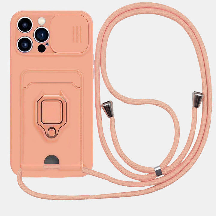 Handyhülle mit Lanyard für iPhone mit Kartensteckplatz, Schiebekamera-Objektivschutz