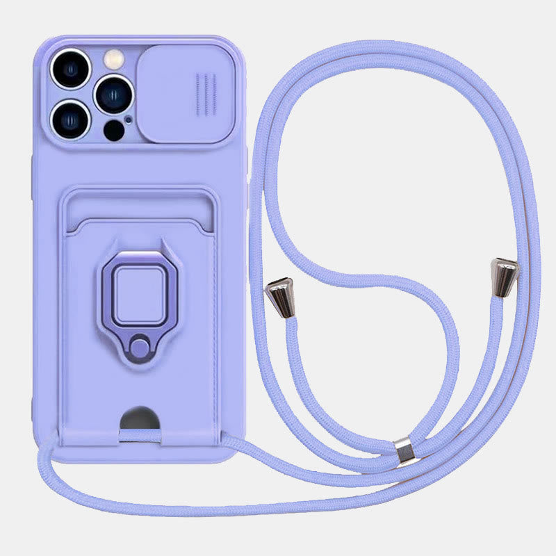 Handyhülle mit Lanyard für iPhone mit Kartensteckplatz, Schiebekamera-Objektivschutz