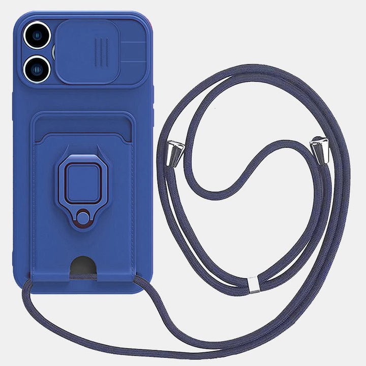 Handyhülle mit Lanyard für iPhone mit Kartensteckplatz, Schiebekamera-Objektivschutz
