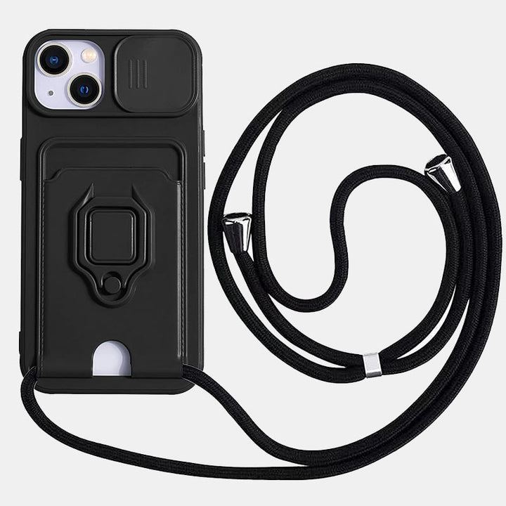 Handyhülle mit Lanyard für iPhone mit Kartensteckplatz, Schiebekamera-Objektivschutz