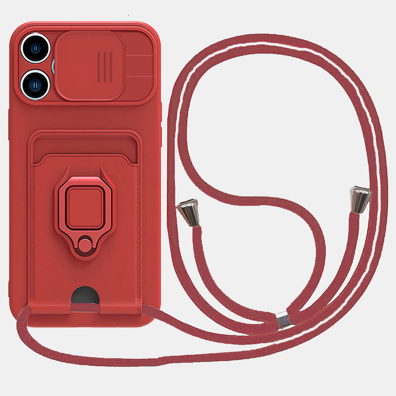 Handyhülle mit Lanyard für iPhone mit Kartensteckplatz, Schiebekamera-Objektivschutz