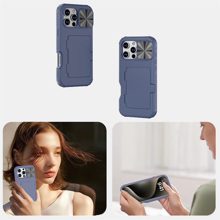 Handy-Wallet-Hülle für iPhone 16 mit integriertem Kartenhalter und verschiebbarem Kameraschutz