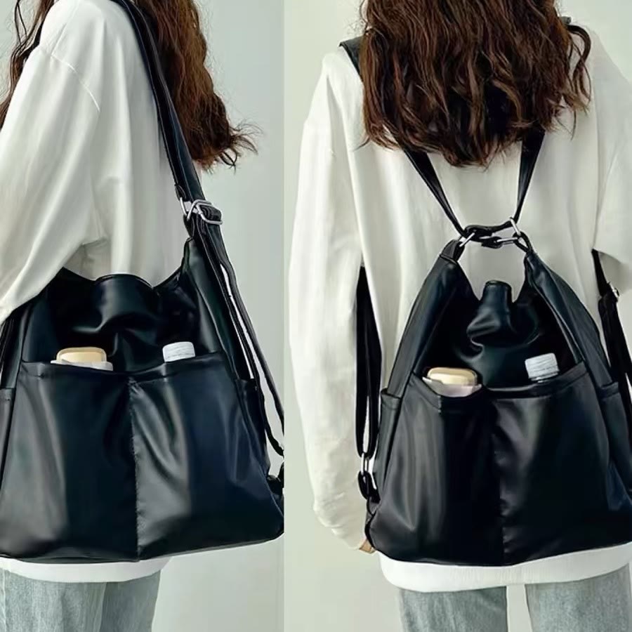 Leichte Nylon Tote Umhängetasche Rucksack Handtasche Hobo Bag für Frauen - Schwarz - Veganes Leder - image 17