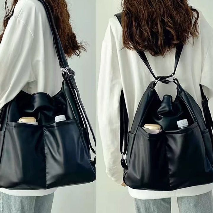 Leichte Nylon Tote Umhängetasche Rucksack Handtasche Hobo Bag für Frauen - Schwarz - Veganes Leder - image 17