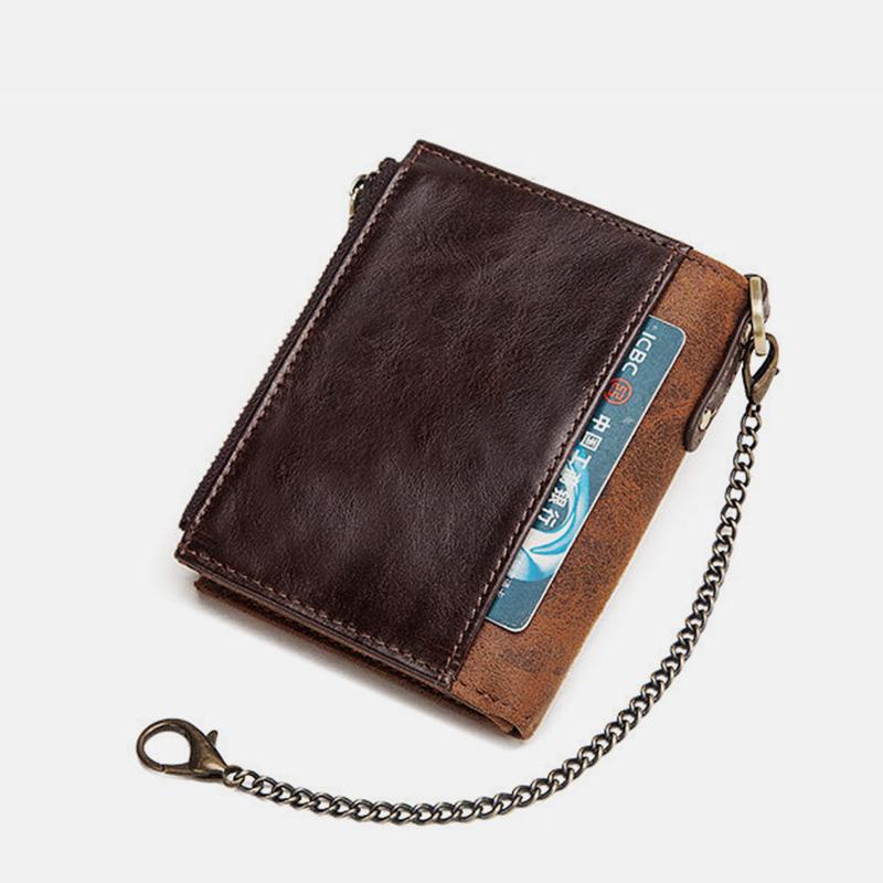 Vintage RFID Echtleder Bifold Münzgeldbörse mit Kette
