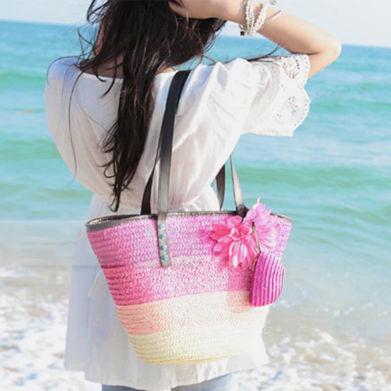 Sommerblumen-Strandtasche aus gewebtem Stroh, Reisetasche