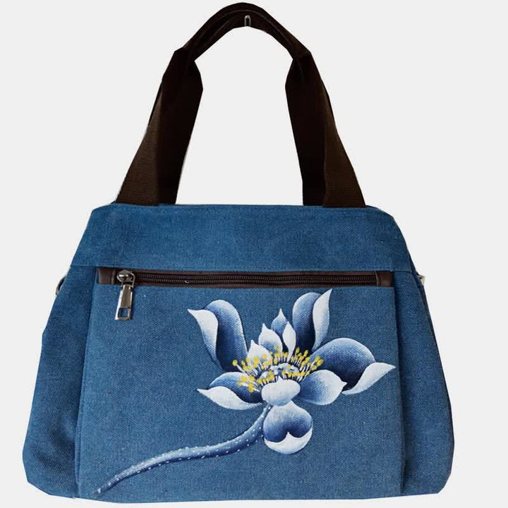 Handtasche aus Segeltuch mit drei Fächern und Blumendruck, Umhängetasche