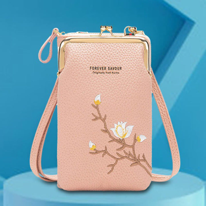 Elegante bestickte Handytasche Damen Mini Crossbody Leder Geldbörse