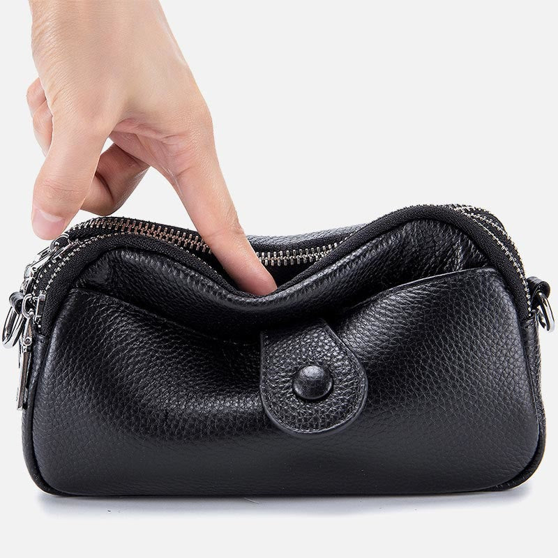 Schultertasche aus echtem Leder mit drei Reißverschlüssen, lässige Umhängetasche für Damen