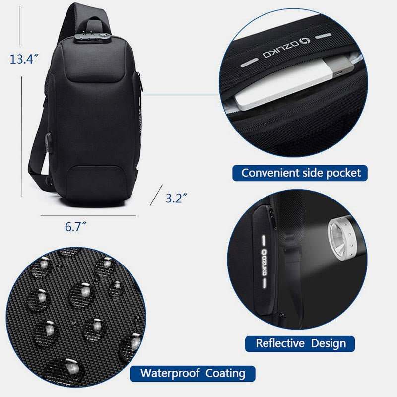 Modische Schultertasche mit mehreren Taschen, Brusttasche mit Passschloss und USB-Ladeanschluss