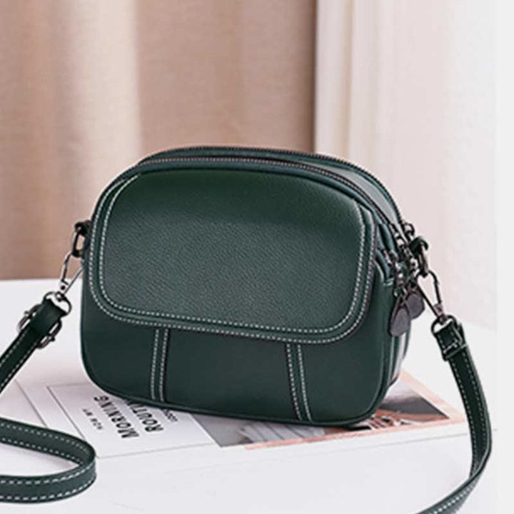 Kleine Umhängetasche mit dreifachem Reißverschluss, Leder, Handy-Geldbörse, Schultertasche