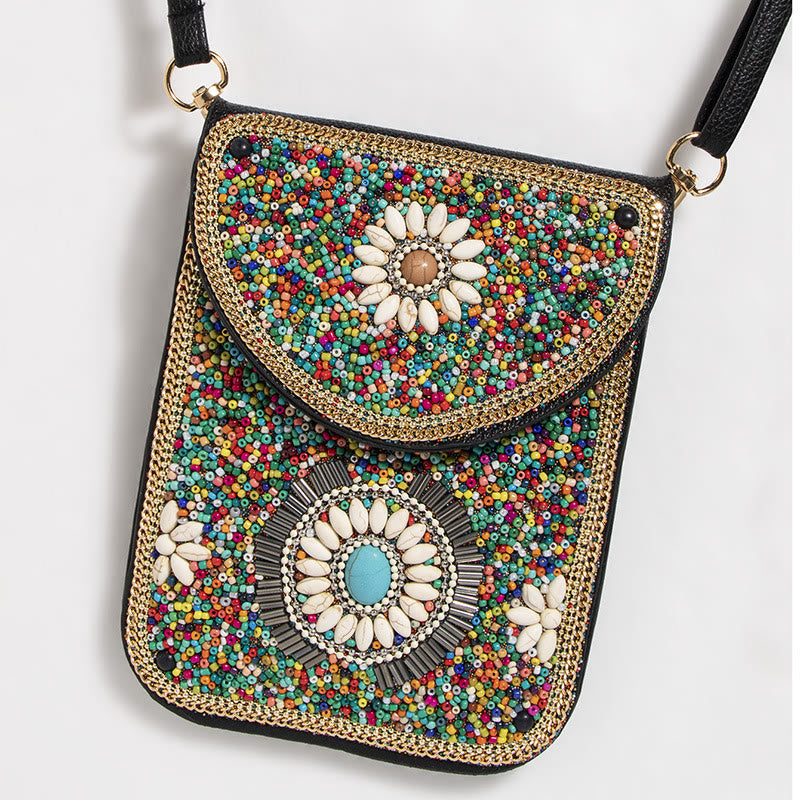 Bohemian Handytasche Damen Muschel Blumen Muster Magnetische Umhängetasche