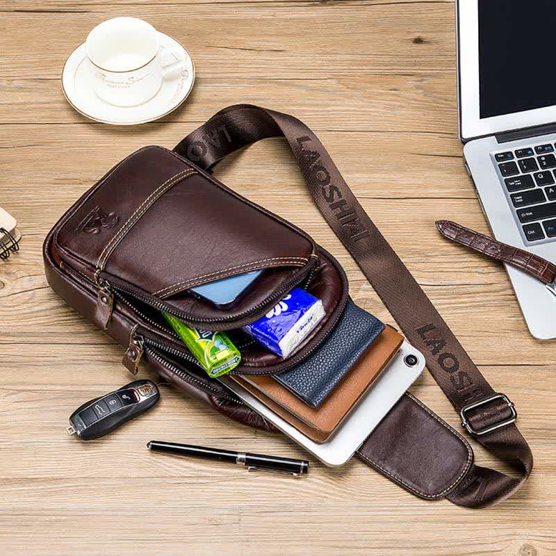 Rindsleder Leder wasserdicht Casual Sling Bag Daypack Schulter Brust Tasche