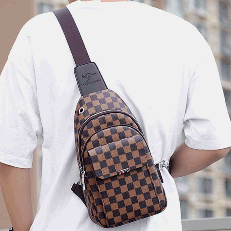 Mehrzweck-Schultertasche aus lässigem, kariertem Leder für Herren, Umhängetasche, Schulterrucksack
