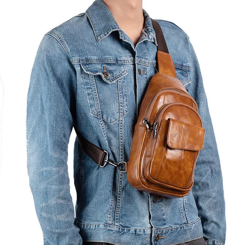 Sling-Rucksack aus echtem Leder, Retro, Mehrzweck-Umhängetasche, Schultertasche, Brusttasche