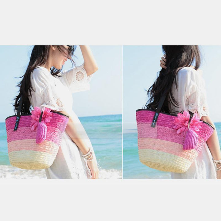 Sommerblumen-Strandtasche aus gewebtem Stroh, Reisetasche