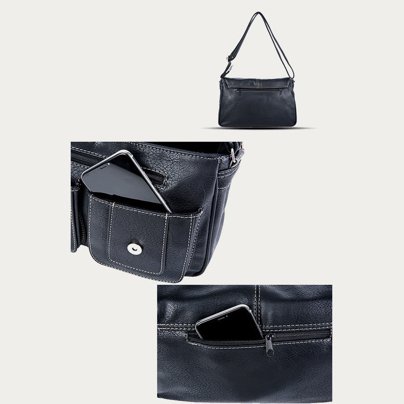 Umhängetasche für Damen, schlichte schwarze Leder-Umhängetasche