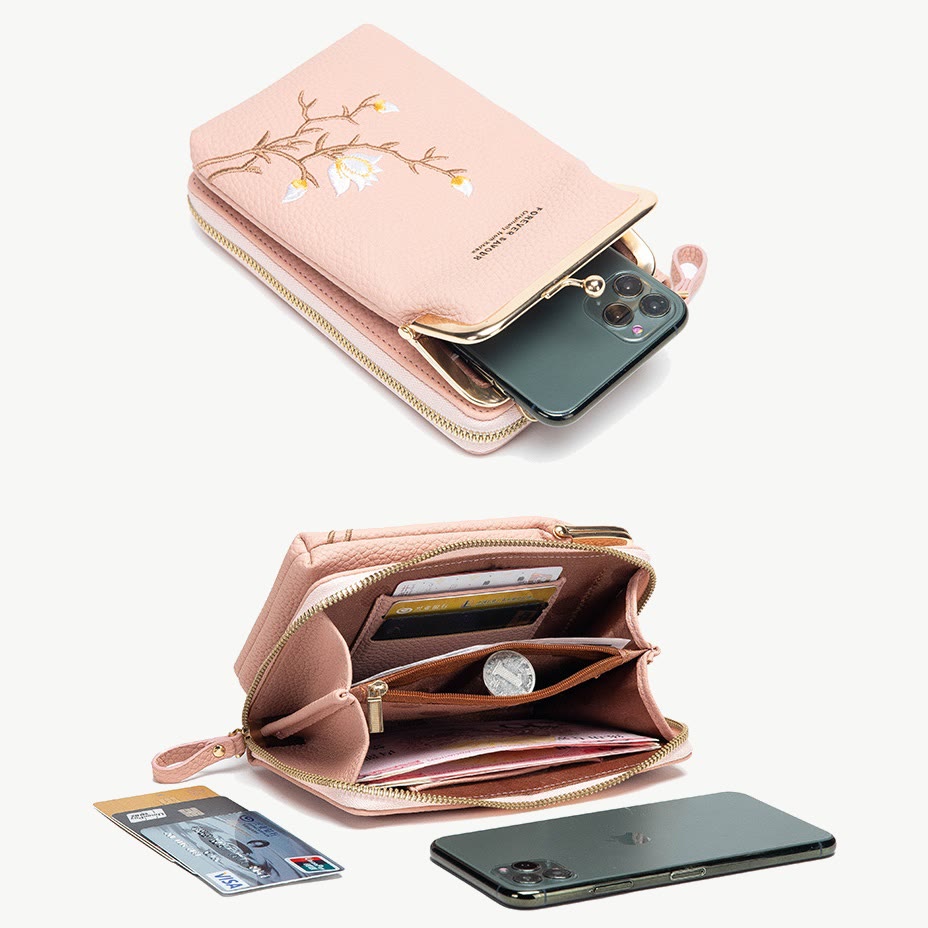 Elegante bestickte Handytasche Damen Mini Crossbody Leder Geldbörse