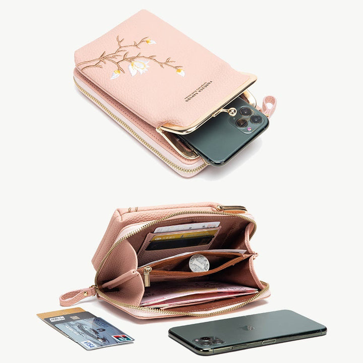 Elegante bestickte Handytasche Damen Mini Crossbody Leder Geldbörse