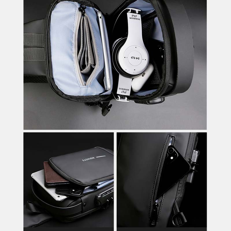 Diebstahlsichere, wasserdichte, lässige Schultertasche mit großem Fassungsvermögen, USB-Ladeanschluss und Reflektorstreifen