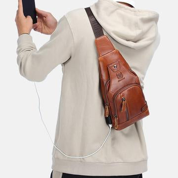 Schultertasche aus echtem Leder mit USB-Ladefunktion