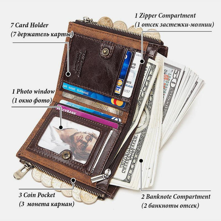 Vintage RFID Echtleder Bifold Münzgeldbörse mit Kette