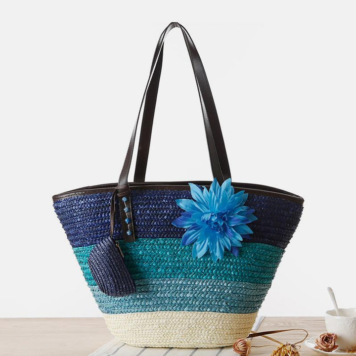 Sommerblumen-Strandtasche aus gewebtem Stroh, Reisetasche