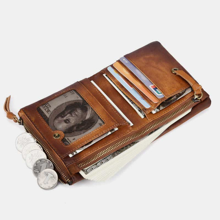 Retro Herren Geldbörse aus gebürstetem Rindsleder, Münzbörse, Kartenhalter