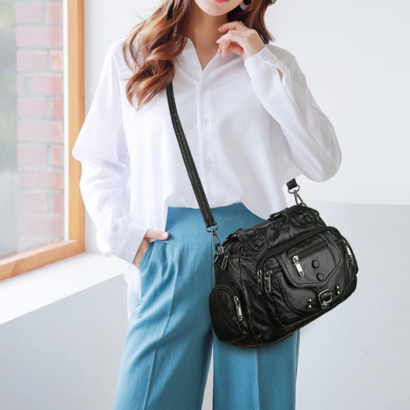 Tragetasche für Damen, Vintage, genietete Umhängetasche aus Leder mit mehreren Taschen