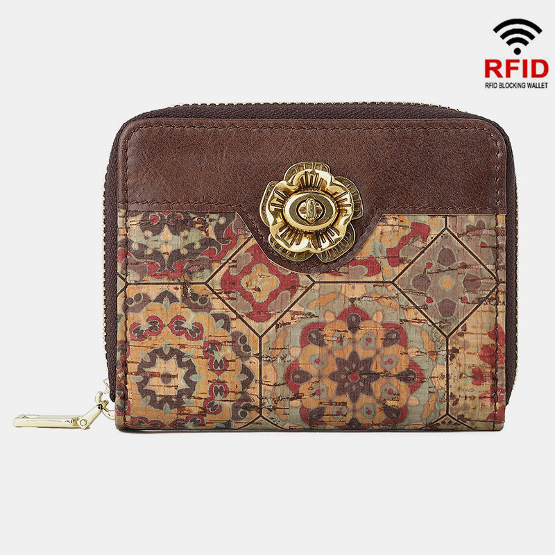RFID Multi-Slot Echtleder Vintage Druck Kurze Brieftasche Kartenhalter