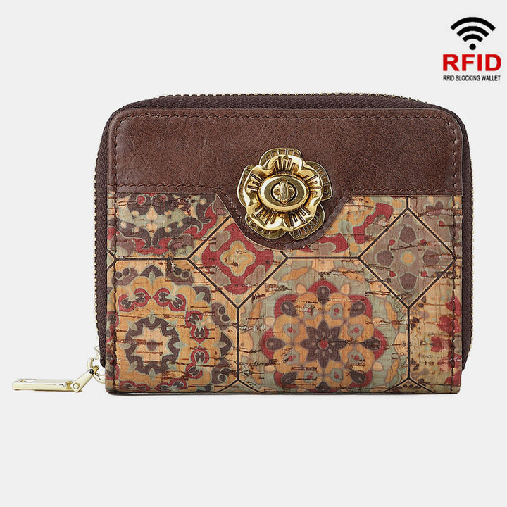 RFID Multi-Slot Echtleder Vintage Druck Kurze Brieftasche Kartenhalter