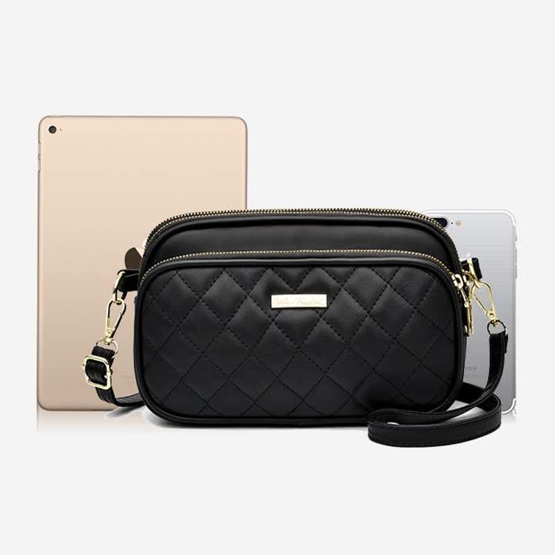 Umhängetasche mit drei Reißverschlüssen, gestepptes Leder, Schultertasche für Damen
