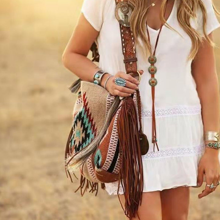 Damen-Einkaufstasche, modisch, böhmische Quaste, Umhängetasche, Vintage-Boho-Handtaschen