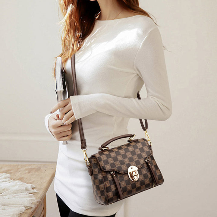 Klassische karierte Prägung Handtasche Damen Vegan Leder Retro Umhängetasche