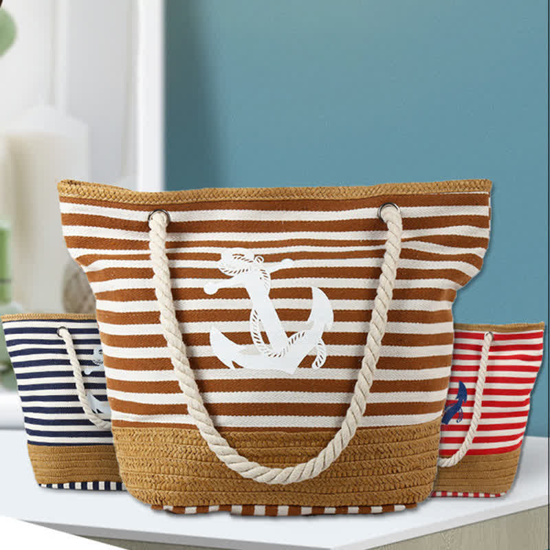 Tragetasche für Damen, großes Fassungsvermögen, gestreift, Strandtasche, Umhängetasche