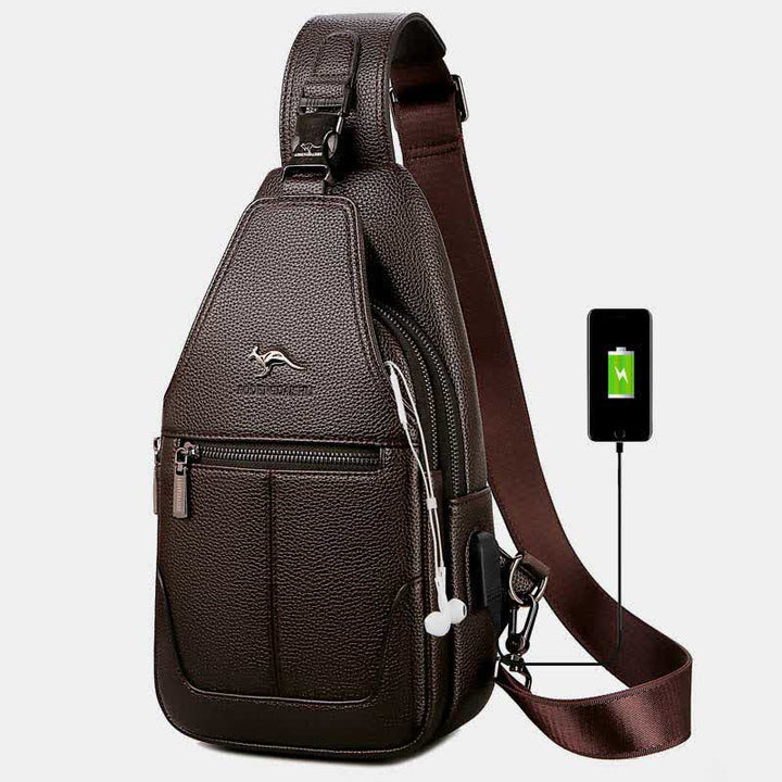 Sling-Brusttasche aus Leder mit mehreren Taschen für Männer mit USB-Ladeanschluss