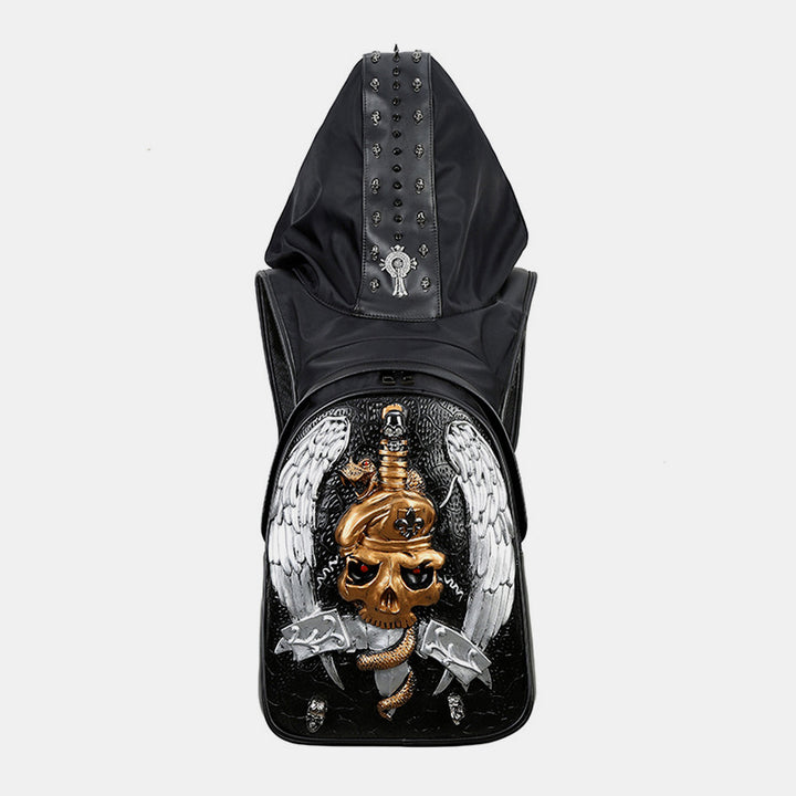 3D-Totenkopf-Rucksack, Gothic-Nieten, Laptop-Rucksack mit Kapuzenmütze