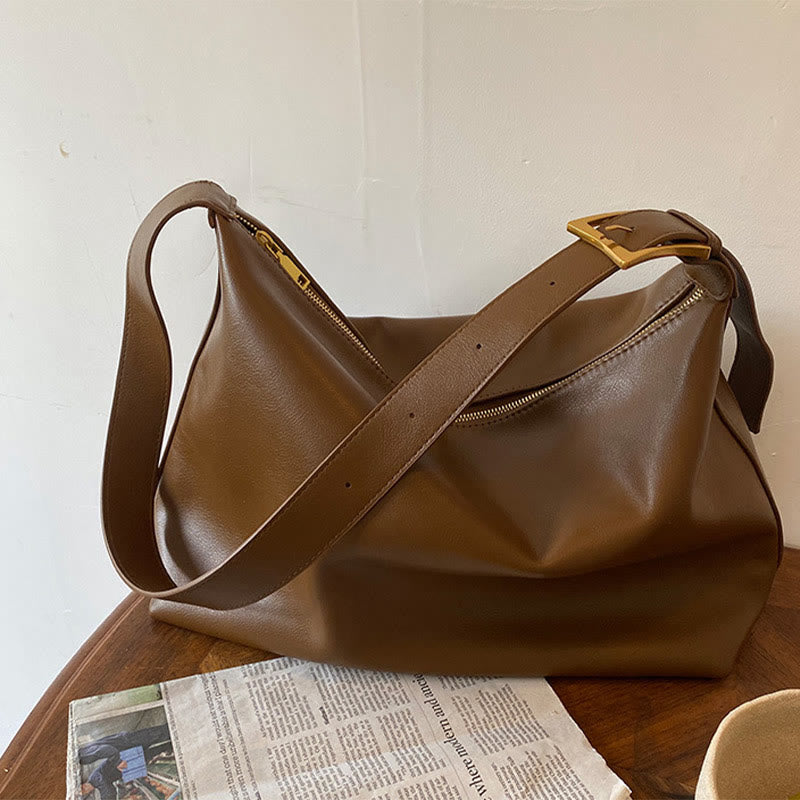 Damen Handtasche aus weichem Leder mit breiten Riemen, Vintage-Umhängetasche