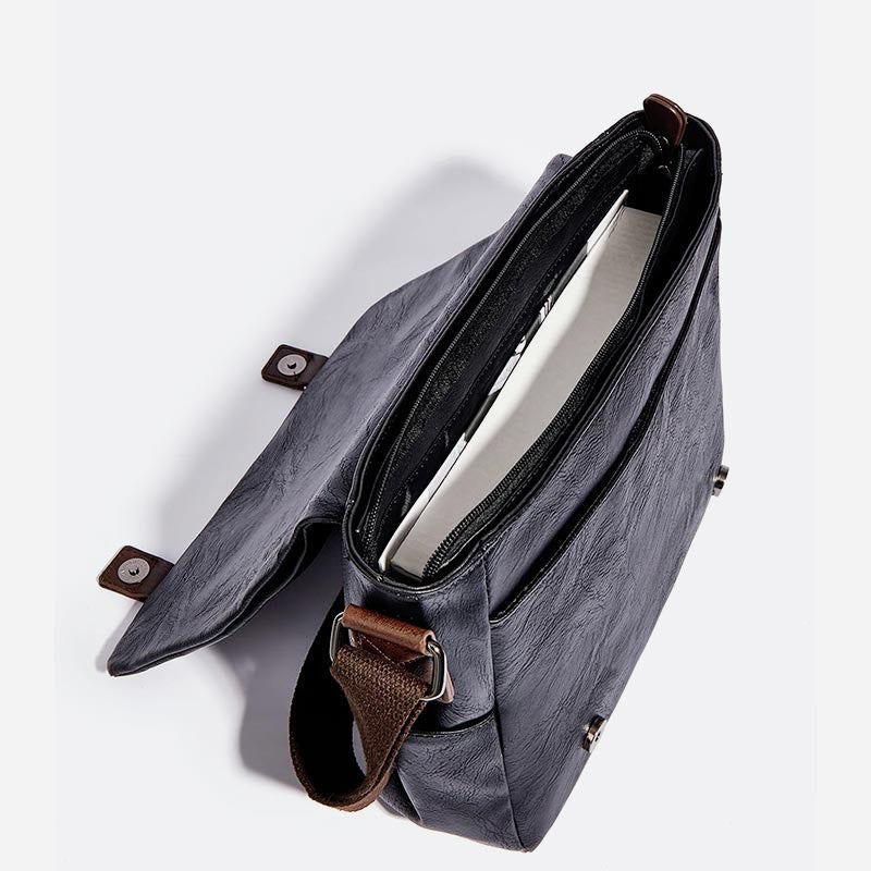 Messenger Bag für Herren, wasserdichte Schultertasche aus PU mit aufgesetzter Klappe