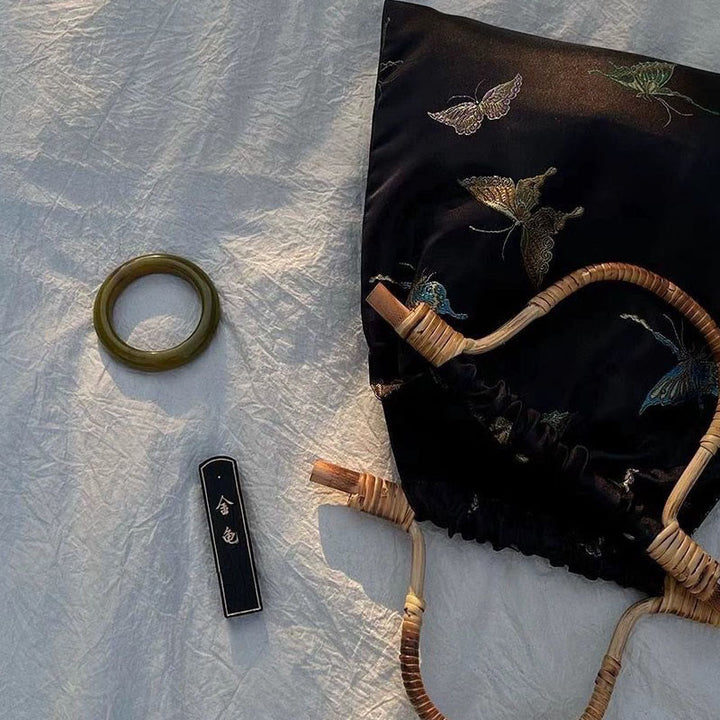 Schwarze und goldene Schmetterlingshandtasche für Damen, dicke Jacquard-Rattantasche