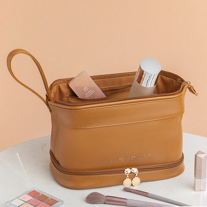 Make-up-Tasche für Damen, tragbare Reise-Kulturtasche aus Leder