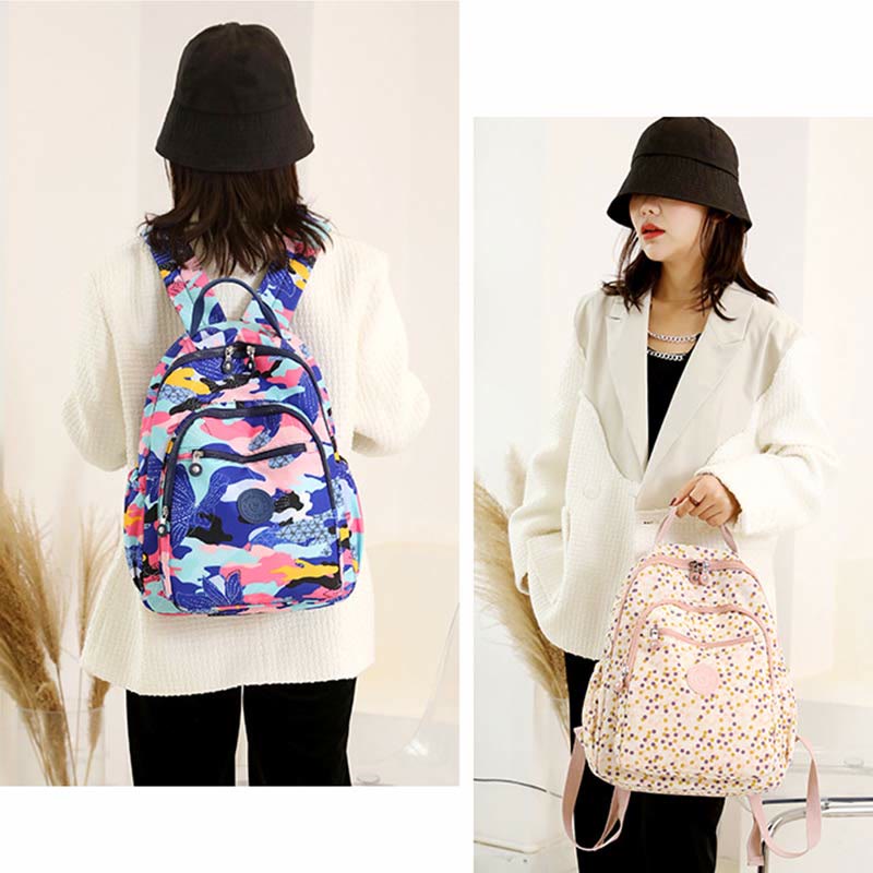 Rucksack für Damen, wasserdicht, mit mehreren Fächern, Druck, lässig, Nylon, leicht, Schultasche