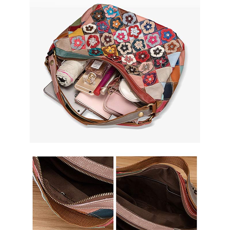 Mehrfarbige Boston-Tasche aus echtem Leder mit Blumenmuster, Hobo-Tragetasche, Umhängetasche