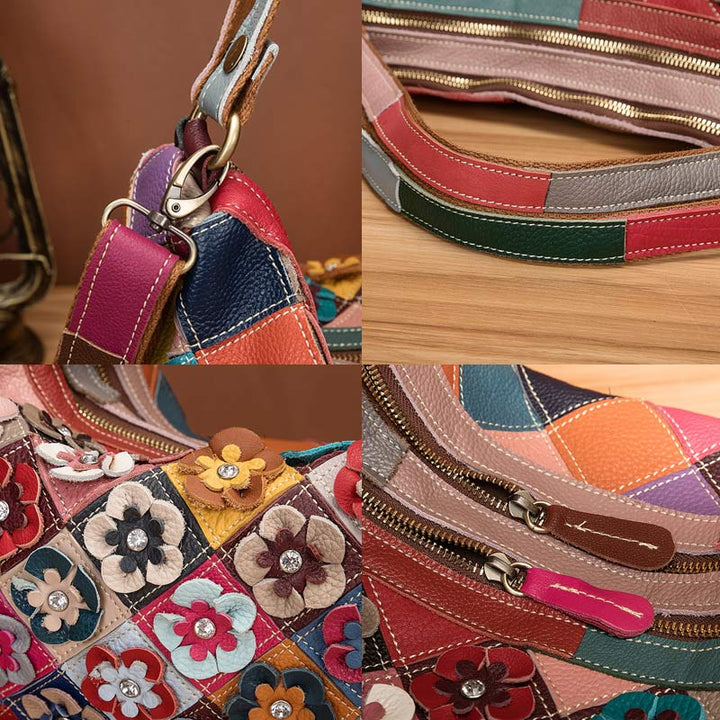 Mehrfarbige Boston-Tasche aus echtem Leder mit Blumenmuster, Hobo-Tragetasche, Umhängetasche